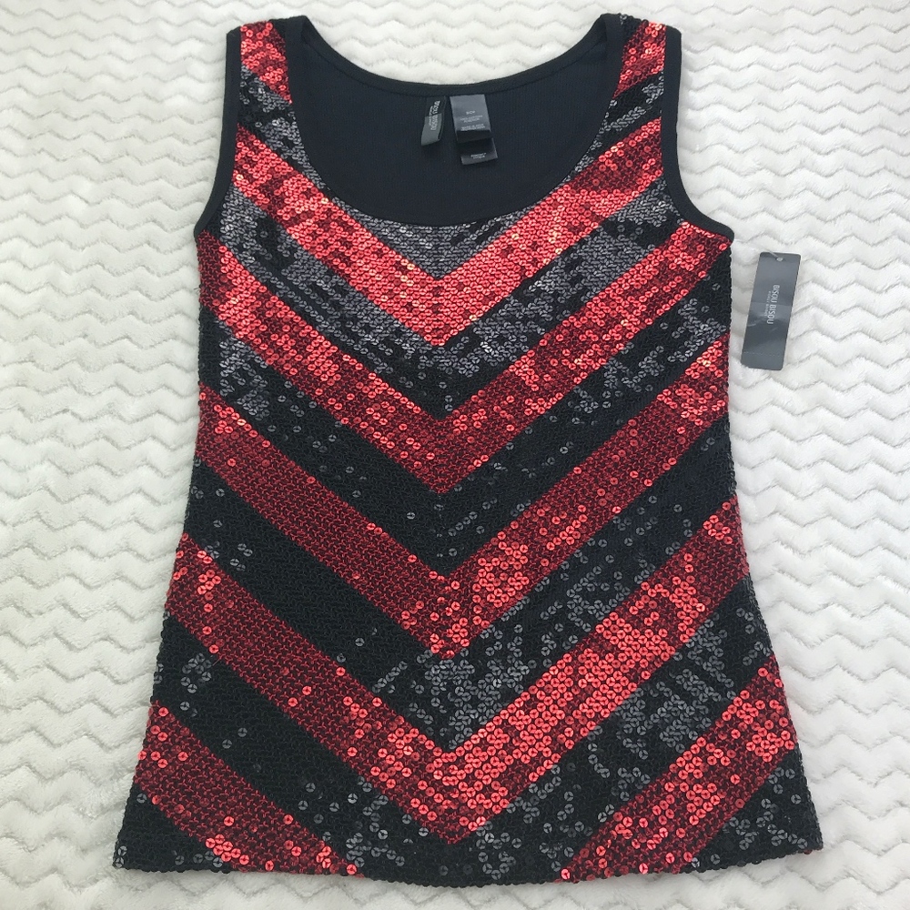 Bisou Bisou Sequined Black and Red Top Size S